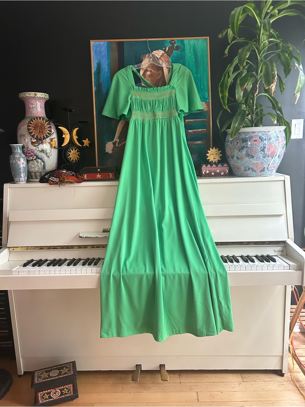 Vintage Ronda Roy Green Smocked Empire Waist Flutter Sleeve Maxi Dress